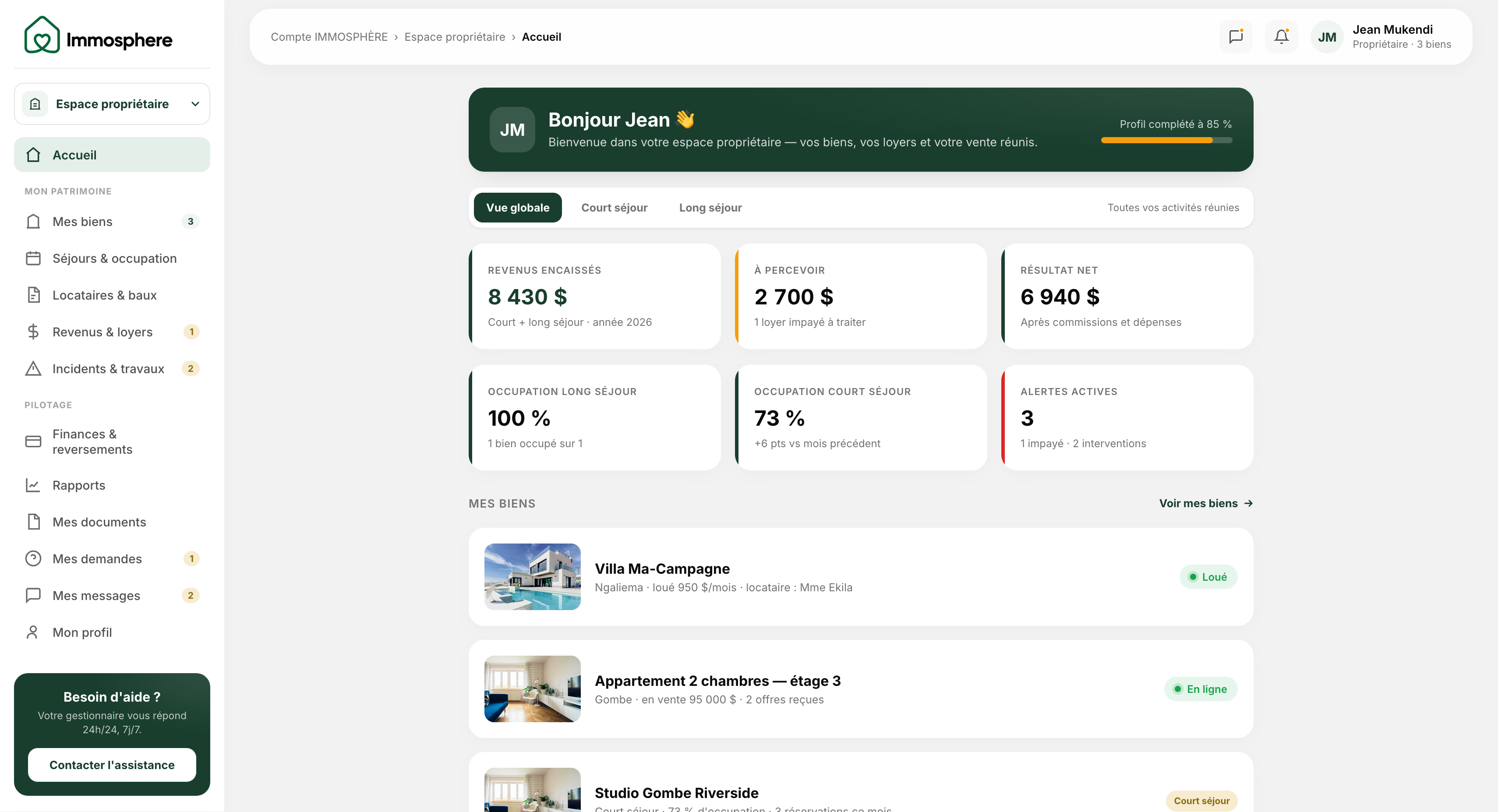Espace propriétaire Immosphère Pro : revenus, dépenses, taux d'occupation et statistiques des loyers